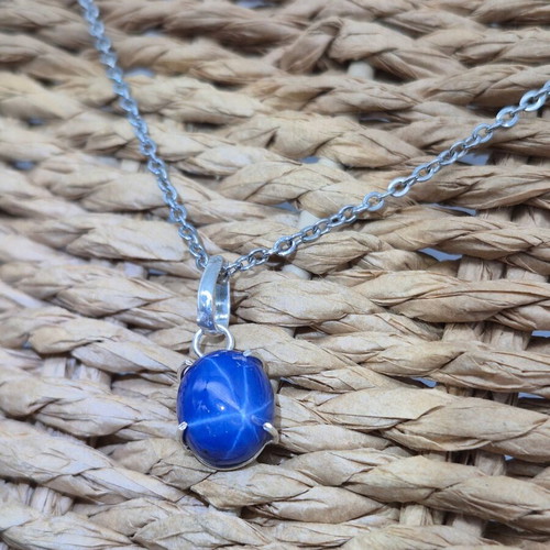 Blue Star Sapphire Silver 925 Bezel Necklace with Steel Chain new