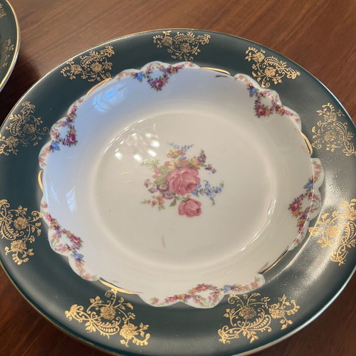 Vintage Scherzer Bavaria Deep Porcelain Plates Pair like new, emerald floral