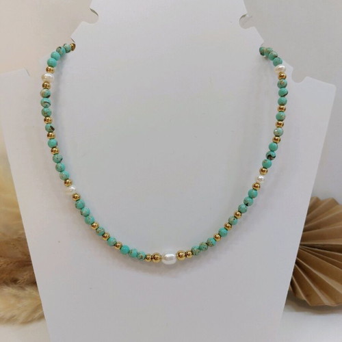 Handmade necklace with nephrite semi-precious stones, pearls and stainless steel new
