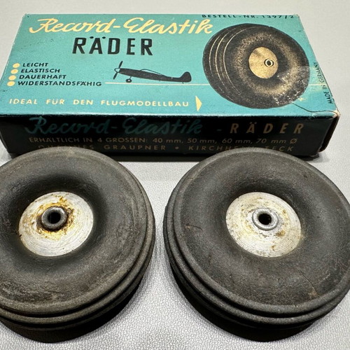 Vintage Record - Elastic model aircraft tires used, Graupner 1960s
