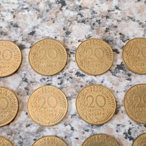 French coin collection used, 17 pieces 20 centimes 1981-1997