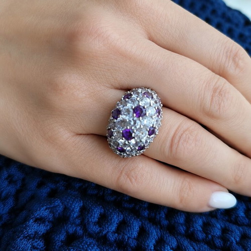 925 Silver Ring with Purple and White Crystals New