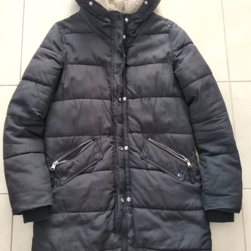 Bershka long winter coat, blue and white