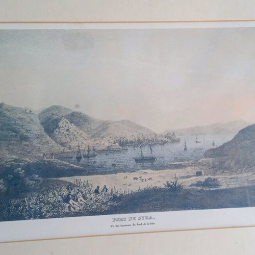 Vintage engraving Port de Syra framed