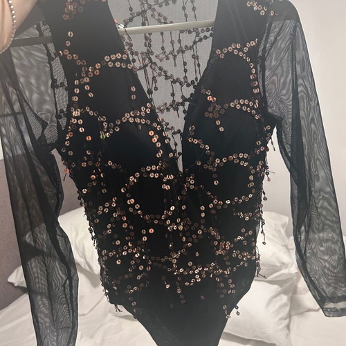 Women's black lace evening sequined bodysuit top size S-M new