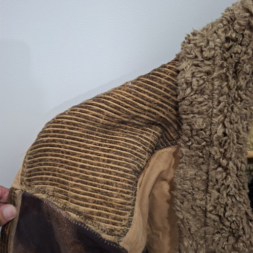Energy jacket used, warm, beige and brown, patchwork fur and suede