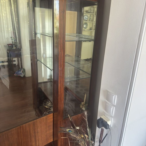 Vintage wooden display cabinet used with glass door and shelves