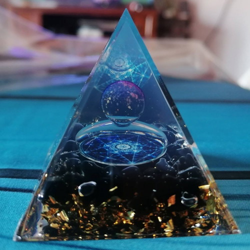 Orgonite pyramid with obsidian and gold leaves new