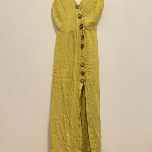 Yellow linen Italian dress midi with slit and wooden buttons, like new