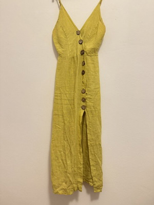 Yellow linen Italian dress midi with slit and wooden buttons, like new