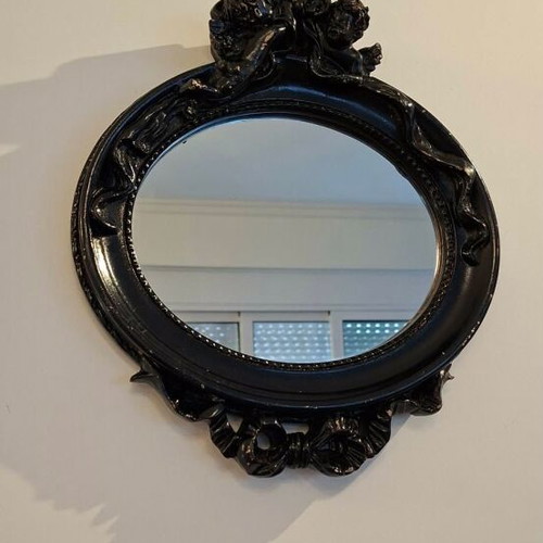 Vintage black mirror with putti used, 33x30 cm