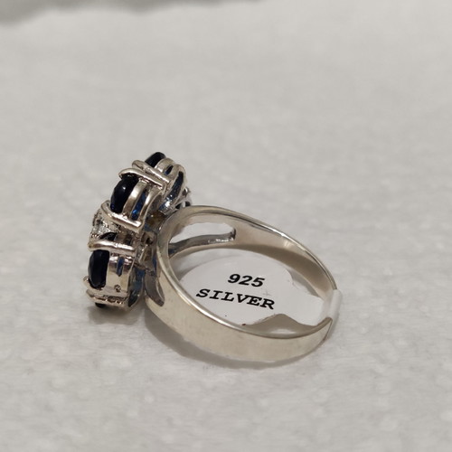 925 Silver Ring new with real stones, size 18, black and blue