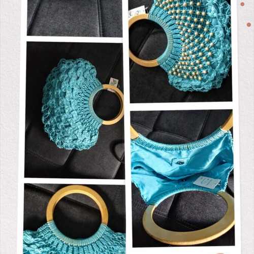 Handbag turquoise handmade cotton with lining