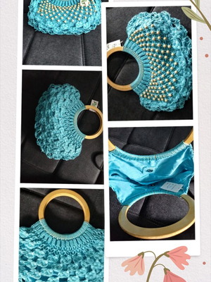 Handbag turquoise handmade cotton with lining