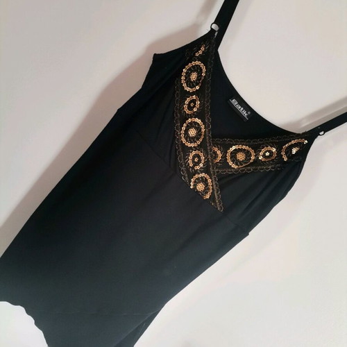 Spaghetti strap top used, black with gold embroidery, size small