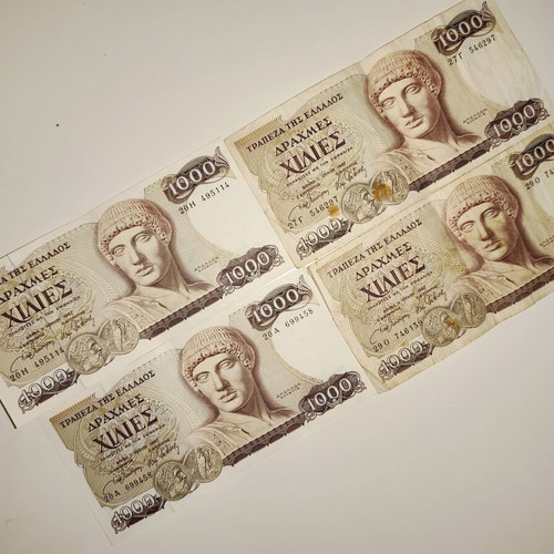 Set of 4 Used 1000 Drachma Banknotes 1987 Apollo Design