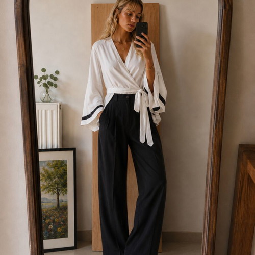 ALE white wrap blouse with bell sleeves, size M