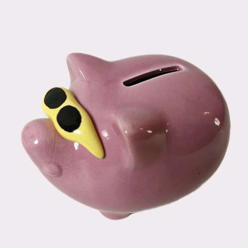 Vintage ceramic purple piggy bank like new with glasses