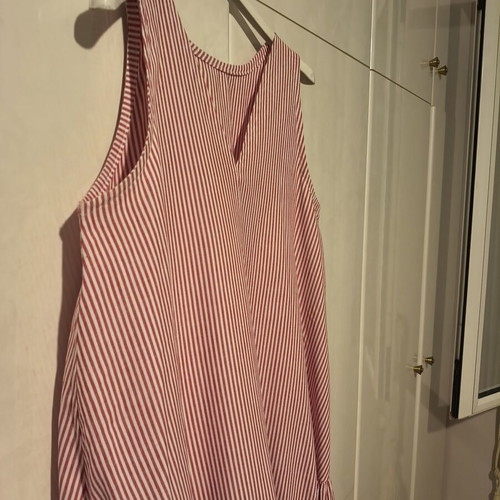 Red and white striped midi dress with ruffles, cotton, size M