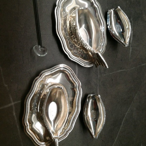 Serving set used, 14 pieces, silver-plated and gilded