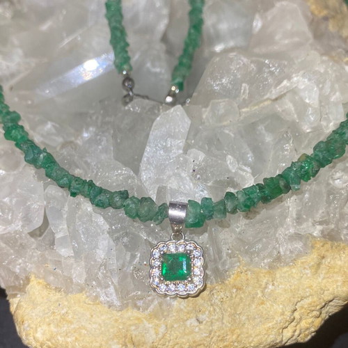Handmade necklace with natural emeralds and moissanites, silver 925