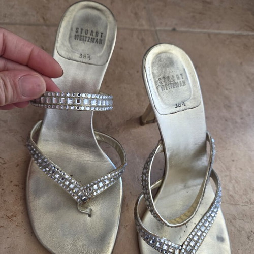 Stuart Weitzman Crystal Embellished Metallic Sandals, EU 38.5