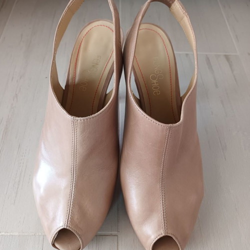 Feng Shoe shoes used, leather peep toe gray-khaki, size 39
