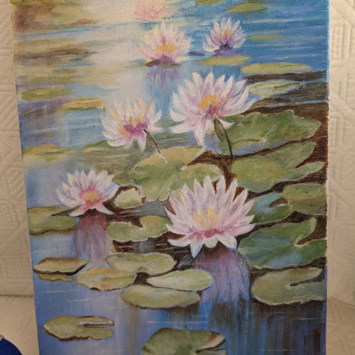 Handmade oil painting water lilies on lake 35x25 cm new