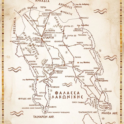 Map of Ancient Laconia and Pausanias' Travels new, Greek