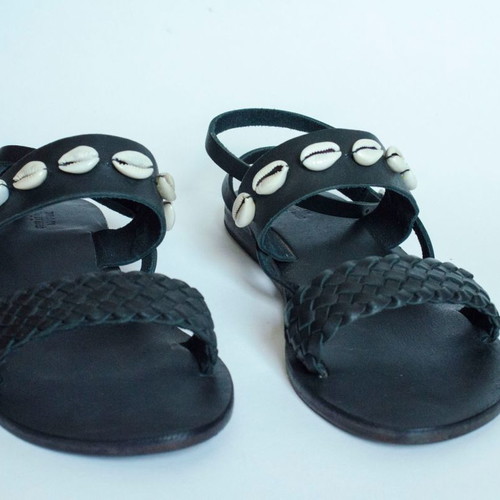 Urban Outfitters Black Leather Sandals new with shells and weaving size 39