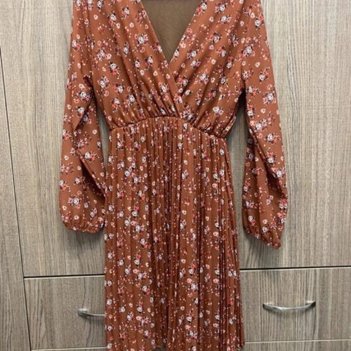 Women's midi dress with floral pattern like new, brown