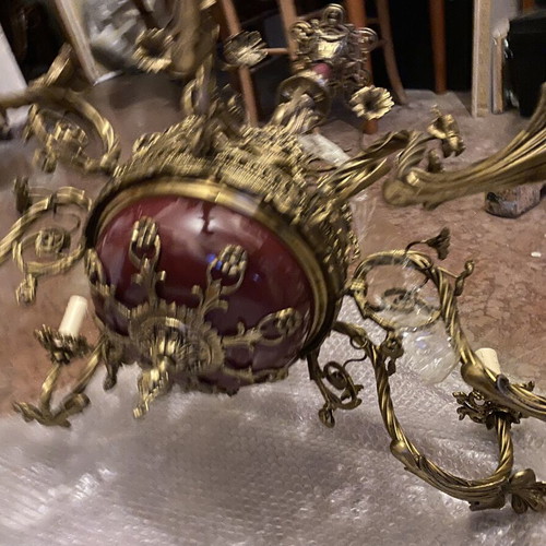 Vintage brass chandelier with porcelain, 8 lights, used