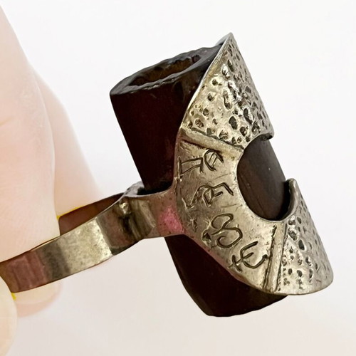 Forged ring with wooden cylinder, like new, brown and silver