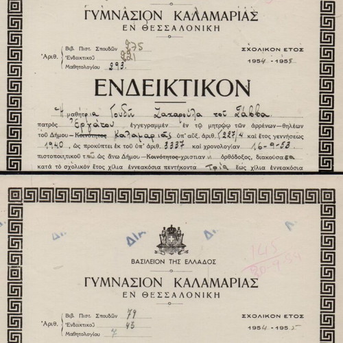 Annual report used of 23 students Gymnasium Kalamaria 1954-55