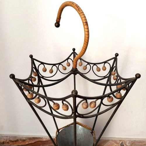 Vintage umbrella stand used, umbrella-shaped with metal and wicker details