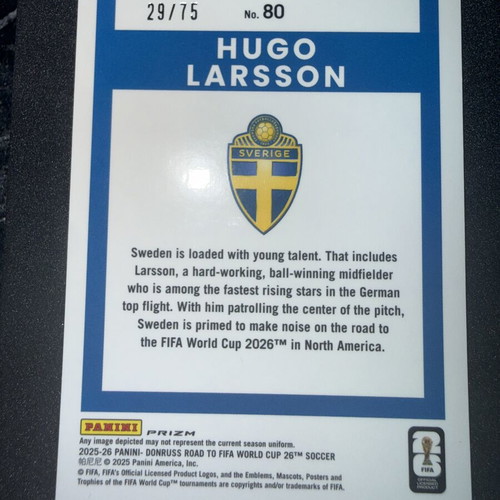 2025-26 Panini Donruss Road to FIFA World Cup 26 Hugo Larsson Optic Blue #29/75 like new