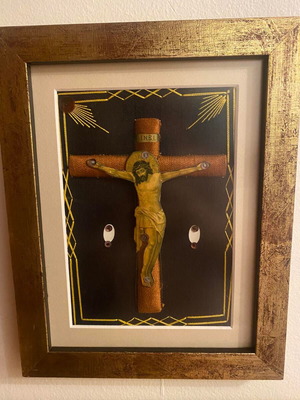 Antique embroidered cross with Christ new, handmade with gold and silver threads