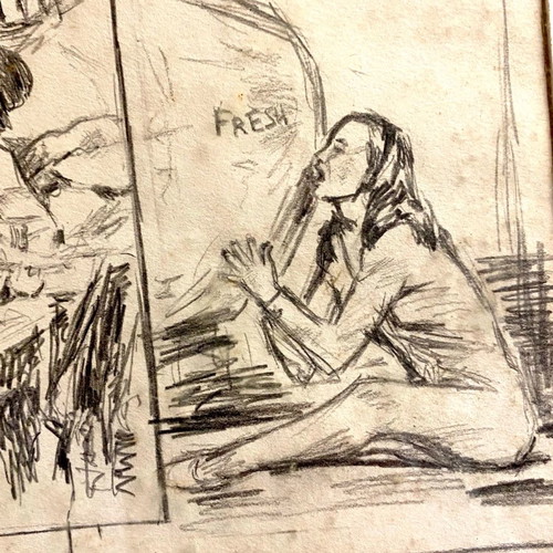 Pencil drawing board sketches and notes unsigned 33x40cm