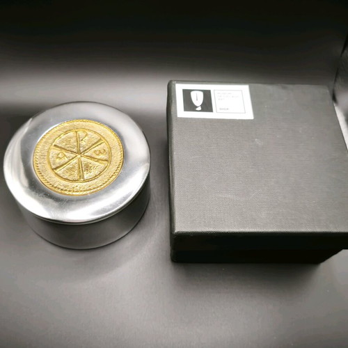 Metal box with Christogram and Alpha Omega symbols new, aluminum