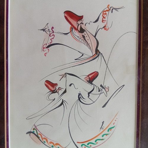 Dervishes painting on cardboard 37x30 cm used
