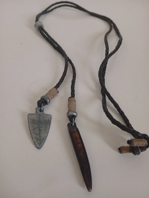 Men's leather necklace new brown with tooth and silver arrow