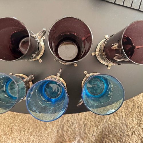 Set of 6 vintage antique Art Nouveau glasses used with silver-plated base
