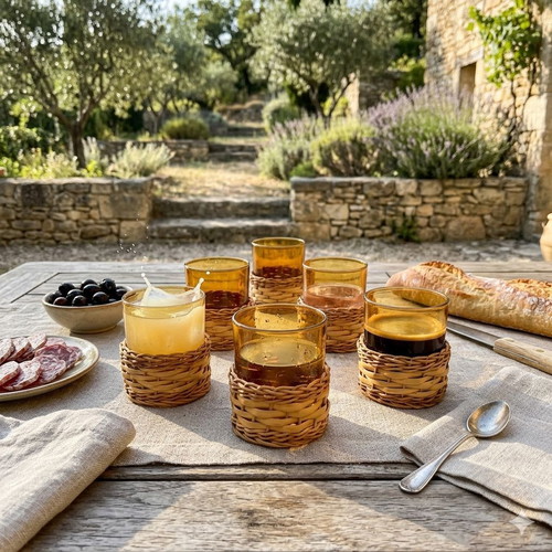 Set of 6 amber glass cups with woven baskets like new