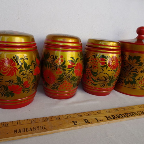Khokhloma jars used, set of 7, wooden, handmade, USSR vintage