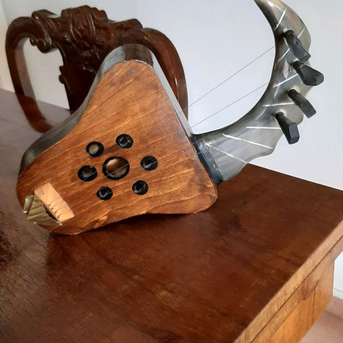 African string instrument used, made of animal horn and wood