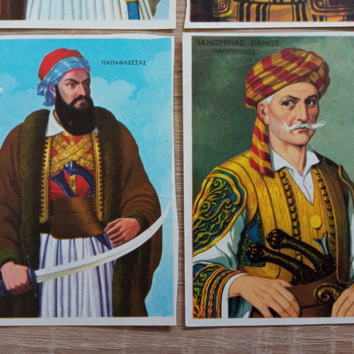 Vintage cards with Heroes of the Greek Revolution 1821 used, pack of 4