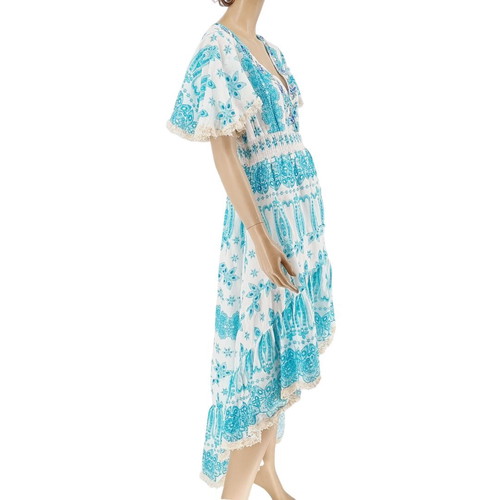 Long turquoise white dress new, 100% cotton with lace Positano