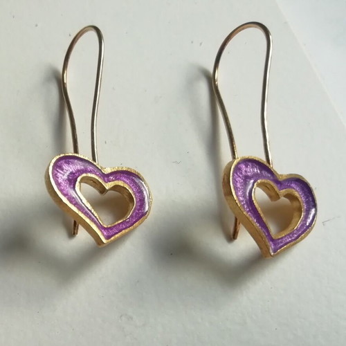 Silver handmade gold-plated heart earrings with purple enamel new