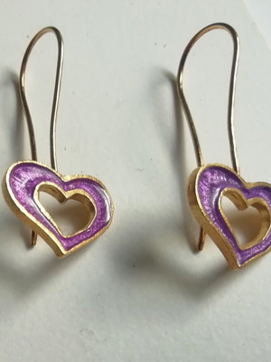 Silver handmade gold-plated heart earrings with purple enamel new