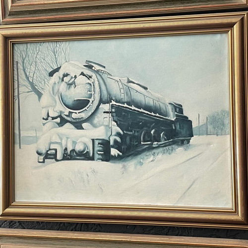Paintings The Trains signed artworks in wooden frame set of 3